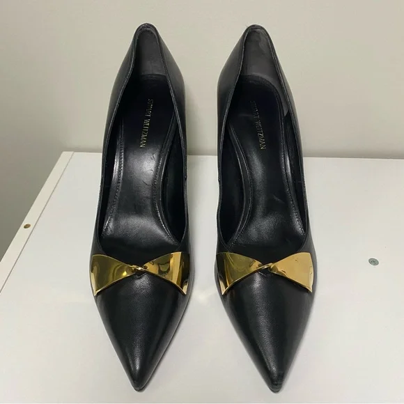 Stuart Weitzman Stanton 90mm Black Leather Metal Bow Pump